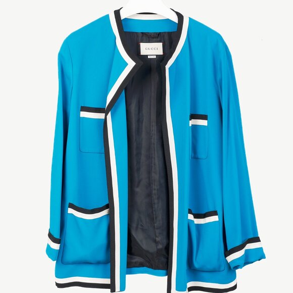 Gucci PF/18 Blue Belted Trimmed Stretch Viscose Oversized Jacket - Picture 2 of 10